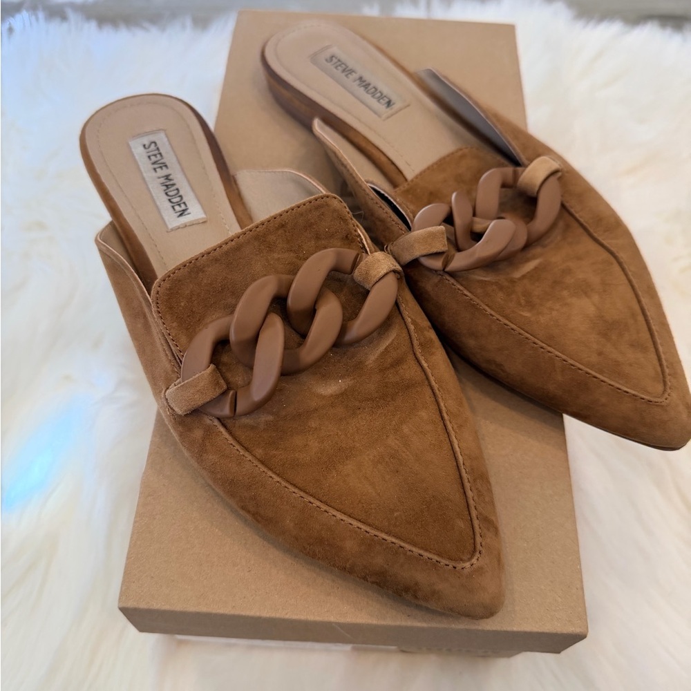 Steve Madden Brown Suede Mules with Chain Accent
